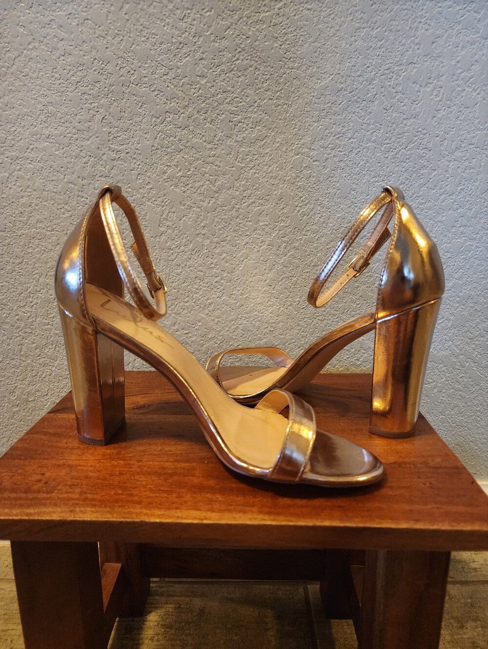 Lulu's Metallic Rose Gold Block Heel Ankle-Strap Sandals
